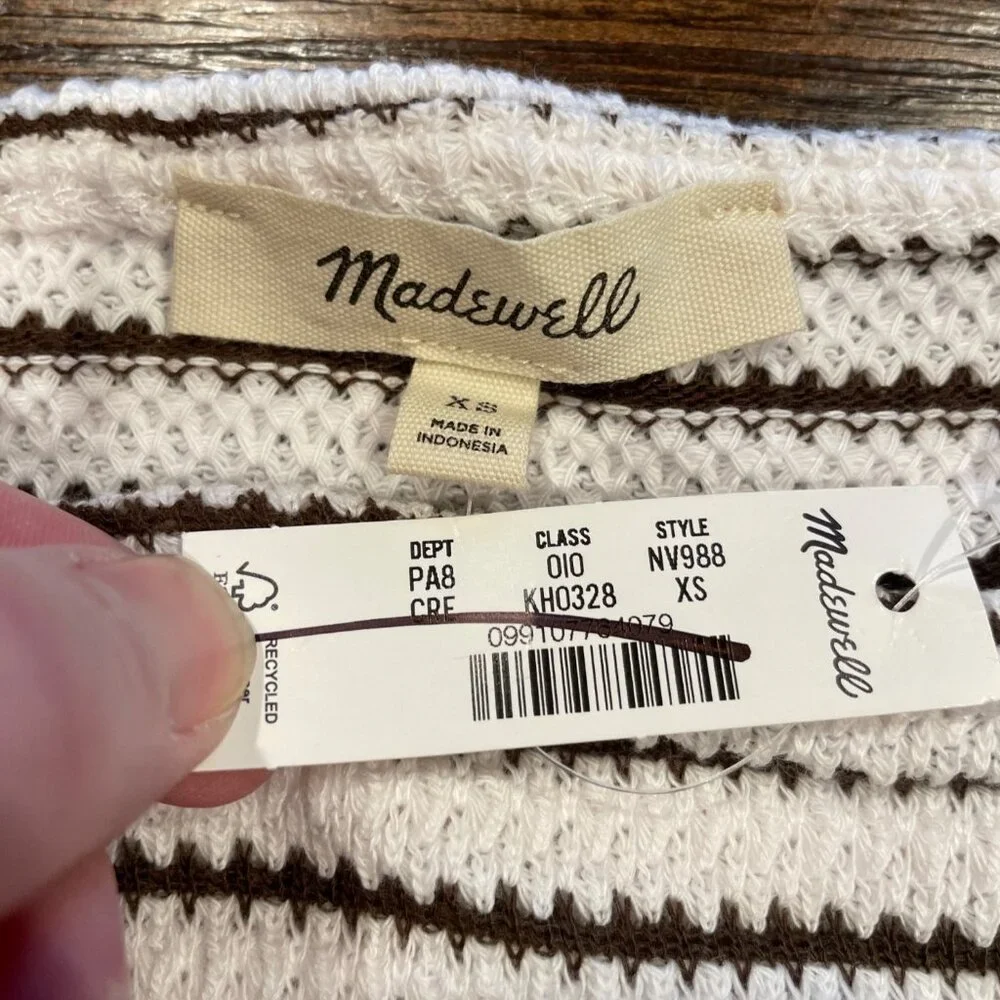 NWT Madewell Women's Sz XS Embroidered Boxy Knit Tee in Stripe Cream Brown NV988 - Picture 3 of 9